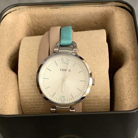 Fossil Women\'s Silver wristwatch  Aqua/Tan leather multistrand  band ES3222 NEW